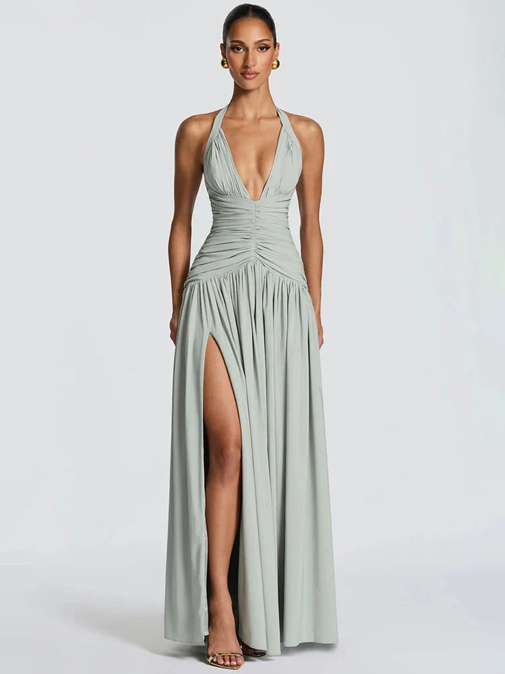 Elira Halter Neck Maxi Dress – Deep V Backless Evening Gown, Ruched High... — Sage
