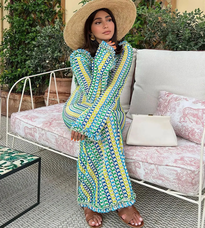 Liora Crochet Backless Maxi Dress – Flared Sleeve Holiday Dress, Beach C... — gallery