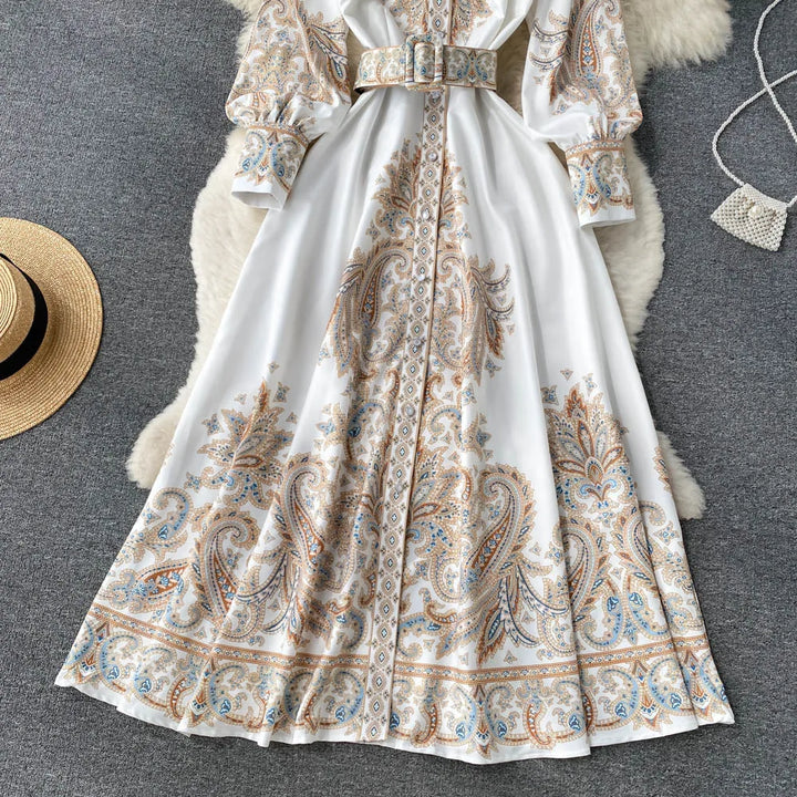 Floral Print A-Line Dress with Folded Collar and Belt