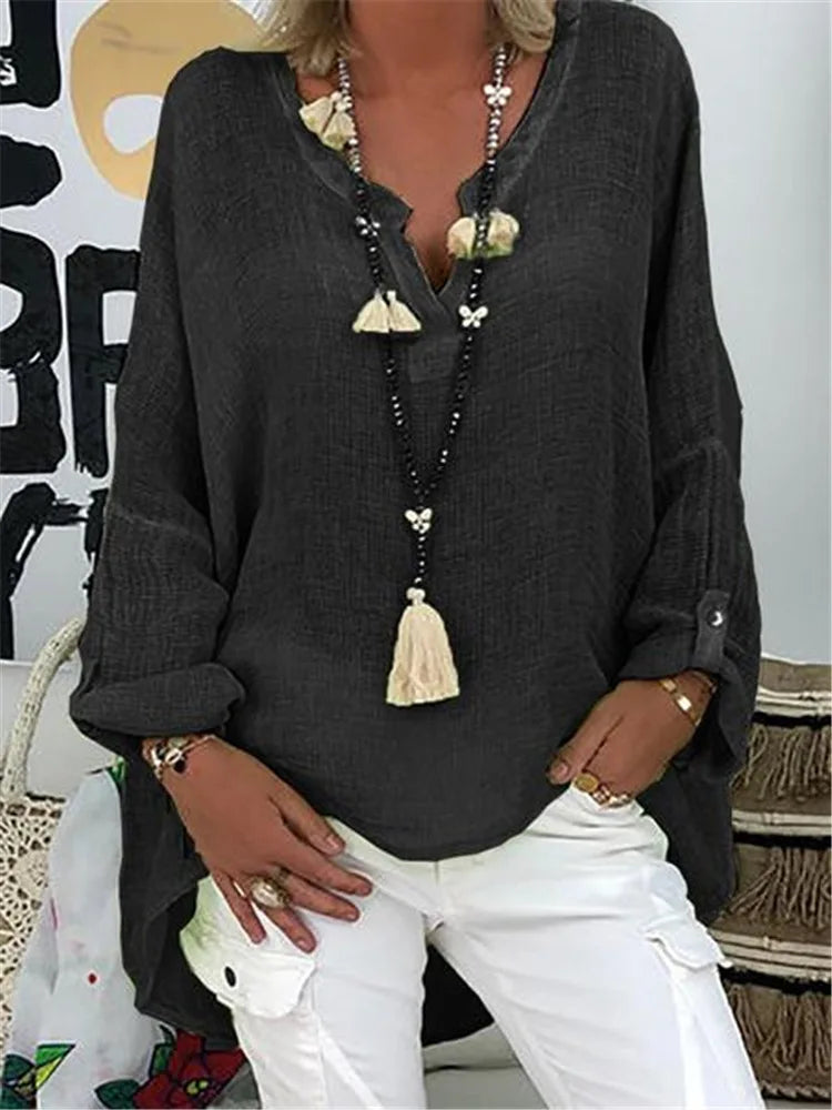 V-Neck Long Sleeve Top for Women - Black