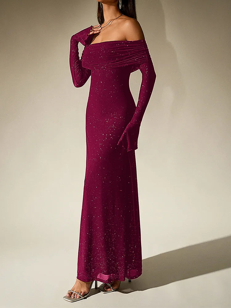 Aurevielle Off Shoulder Glitter Mesh Maxi Dress for Women - gallery