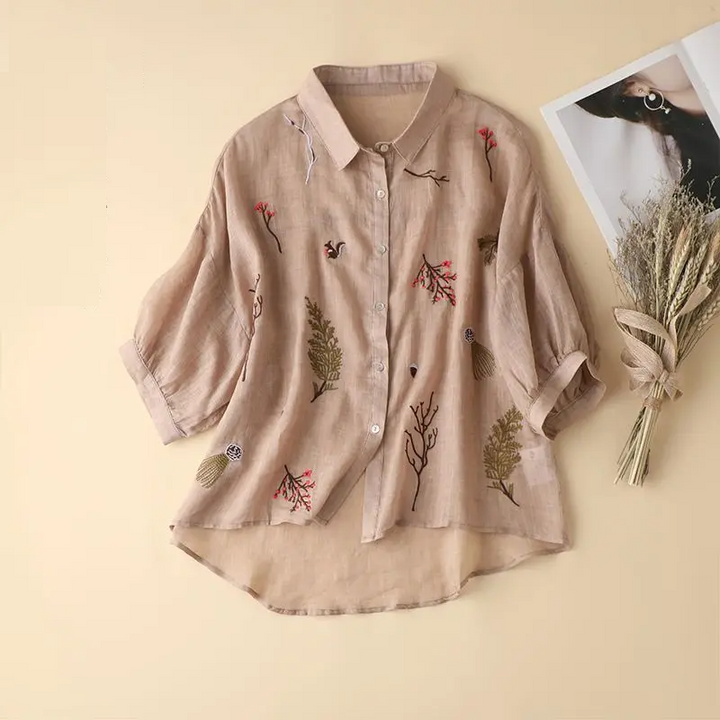 Summer Solid Collar Cotton Three Quarter Shirt Vintage Embroidered Loose Ca - Khaki