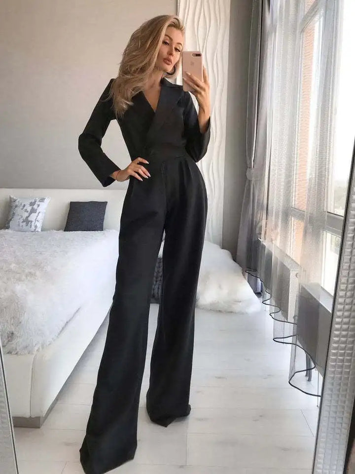 Flared Wide-Leg Jumpsuit with Deep V-Neck for Women