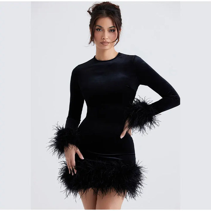 Feather-Trimmed Long-Sleeve Sheath Dress in Black