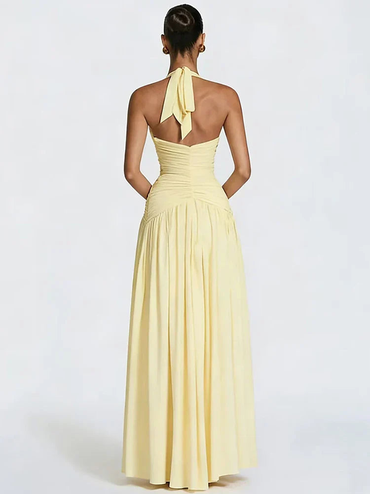 Elira Halter Neck Maxi Dress – Deep V Backless Evening Gown, Ruched High... — gallery