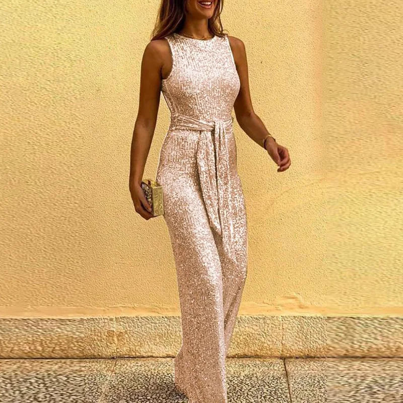 Sequin Jumpsuit with High Neckline and Jogger Trousers