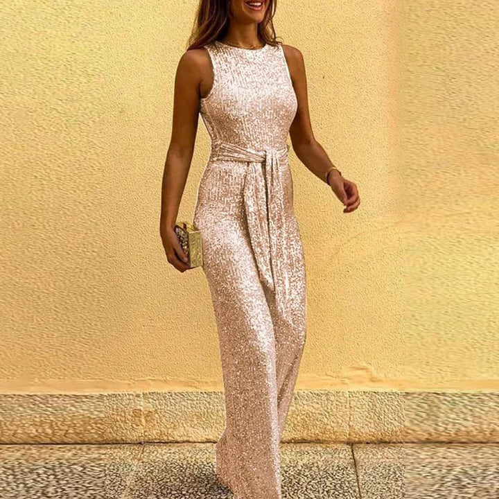 Sequin Jumpsuit with High Neckline and Jogger Trousers