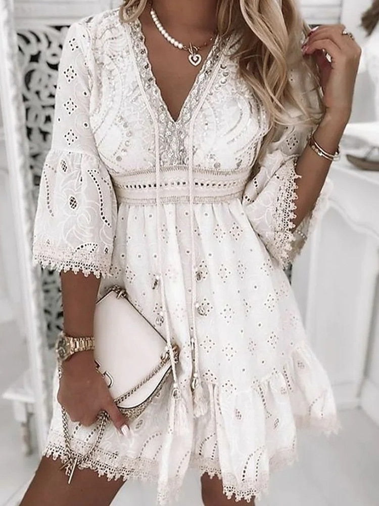 Fluid Boho Dress with Deep V-Neckline and Loose Fit
