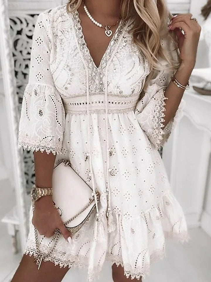 Fluid Boho Dress with Deep V-Neckline and Loose Fit