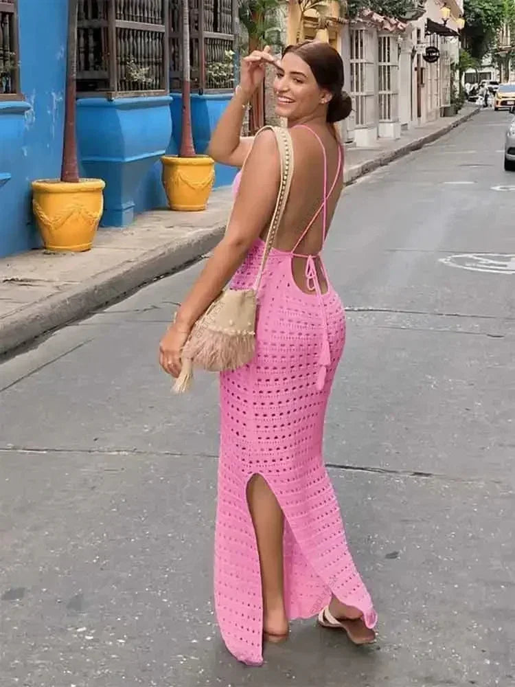 Sorelle Crochet Backless Maxi Dress – Strappy Knit Beach Dress with Side... — Pink
