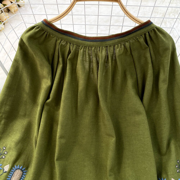 Embroidered O-Neck Loose Fit Blouse for Women - gallery
