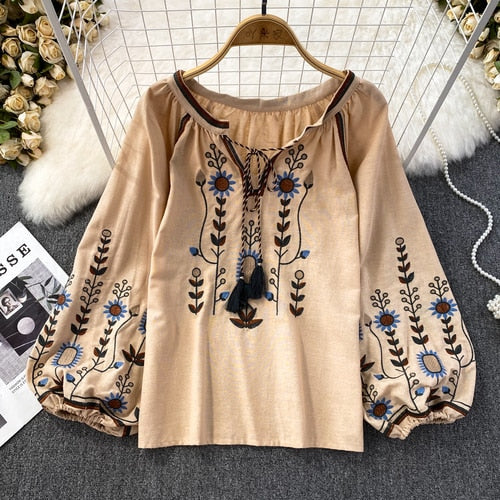 Embroidered O-Neck Loose Fit Blouse for Women - Khaki
