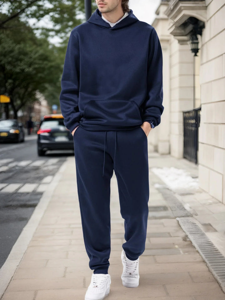Men's Solid Fleece Hoodie and Joggers Set - Navy Blue