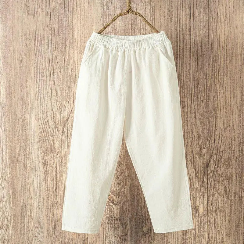 Casual Cotton and Linen Harem Pants for Women - White