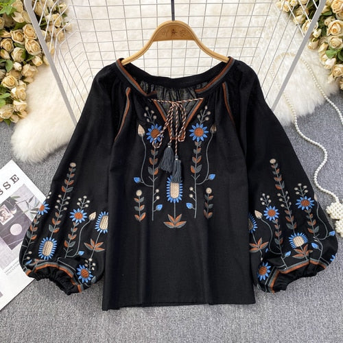 Embroidered O-Neck Loose Fit Blouse for Women - Black