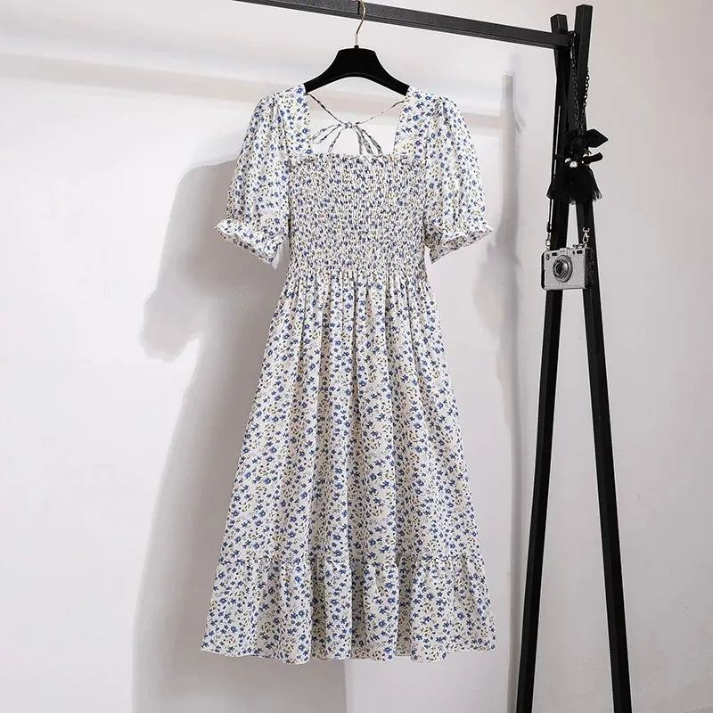 Spring Summer Chiffon Dresses Fashion Female Elastic Waist Short Sleeve Ple - White Floral