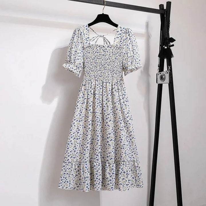 Spring Summer Chiffon Dresses Fashion Female Elastic Waist Short Sleeve Ple - White Floral