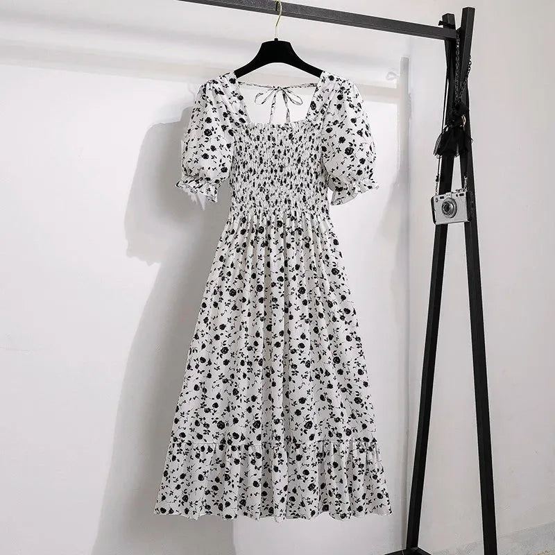 Spring Summer Chiffon Dresses Fashion Female Elastic Waist Short Sleeve Ple - White Morning Glory
