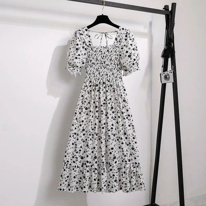 Spring Summer Chiffon Dresses Fashion Female Elastic Waist Short Sleeve Ple - White Morning Glory