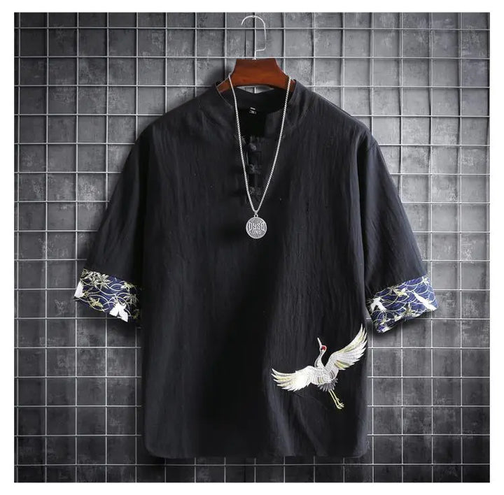 White Crane Chinese Style Shirt for Men - Black