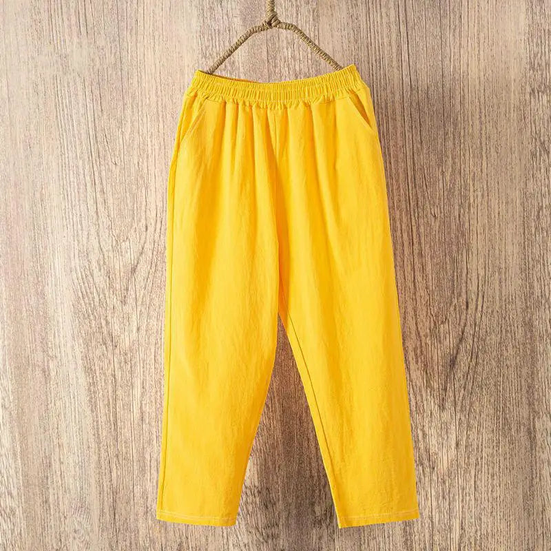 Casual Cotton and Linen Harem Pants for Women - Yellow