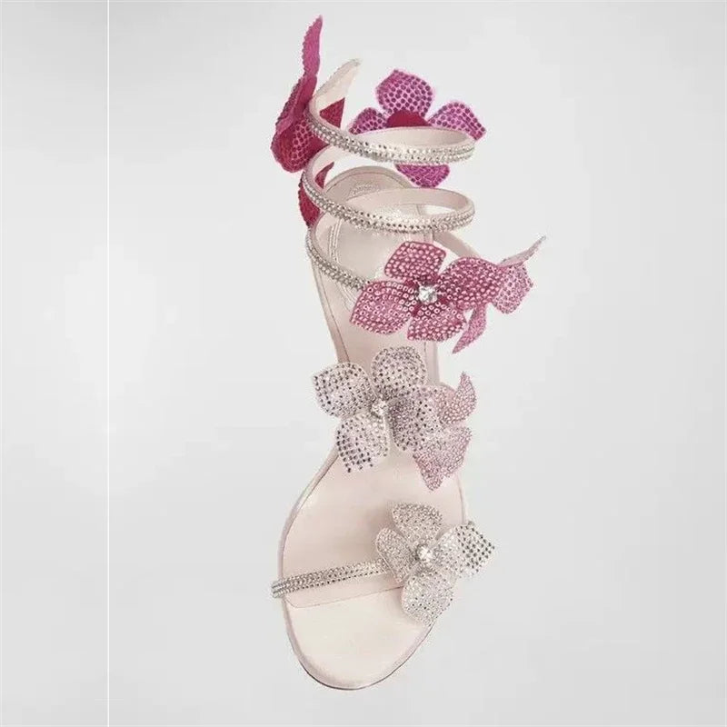 Pink Crystal Flower Wrap-Up Heels for Women - gallery