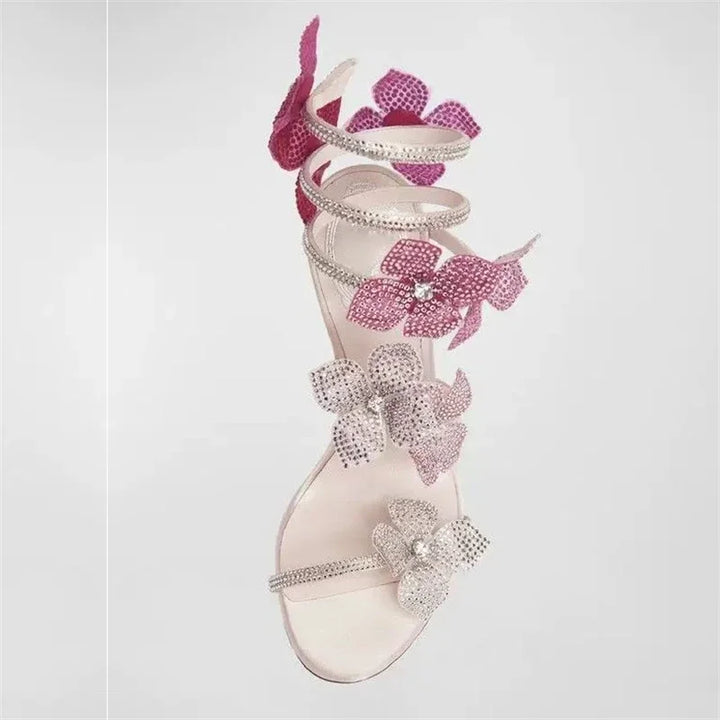 Pink Crystal Flower Wrap-Up Heels for Women - gallery