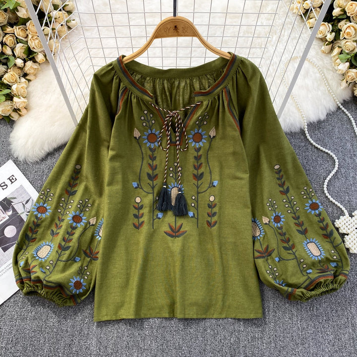 Embroidered O-Neck Loose Fit Blouse for Women