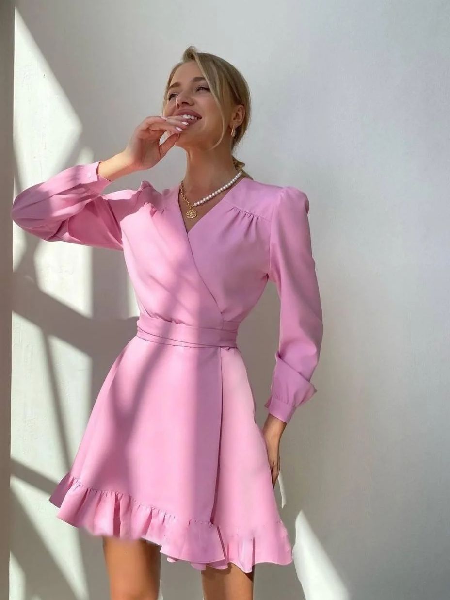 Long-Sleeve Mini Dress with V-Neckline for Women