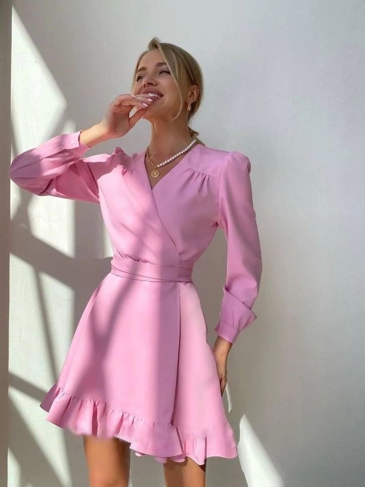 Long-Sleeve Mini Dress with V-Neckline for Women