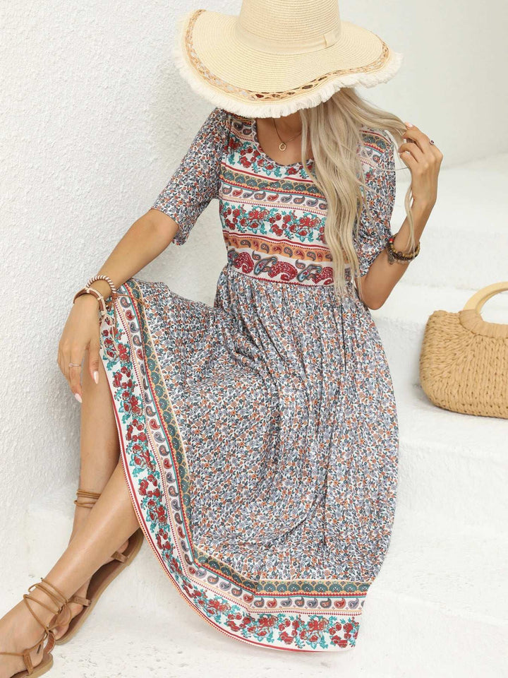 Round Neck Short Sleeve Bohemian Print Dress for Women - gallery