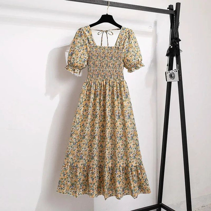 Spring Summer Chiffon Dresses Fashion Female Elastic Waist Short Sleeve Ple - Yellow Floral