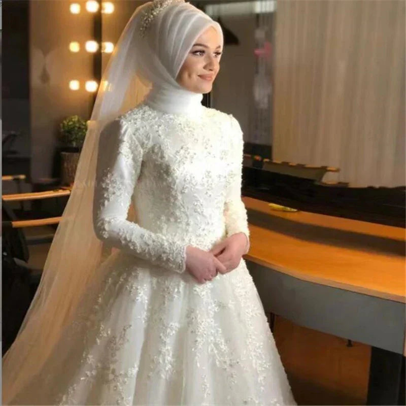 Modest Long Sleeve Wedding Gown with Embroidered Detail