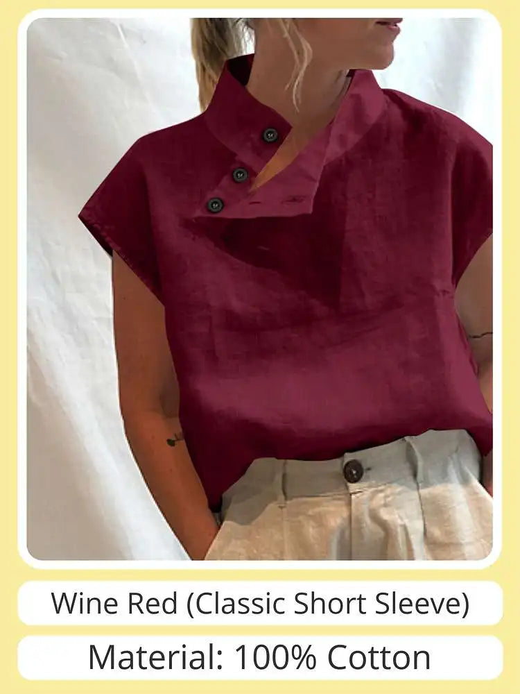 Stylish Cotton Linen Summer Blouse for Women - Wine Red