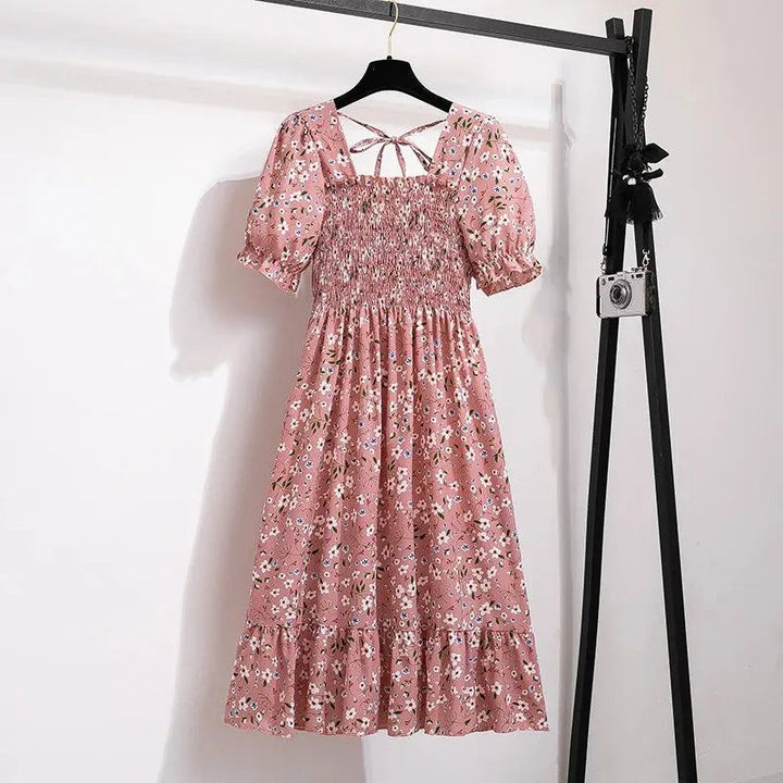 Spring Summer Chiffon Dresses Fashion Female Elastic Waist Short Sleeve Ple - Lotus Pink
