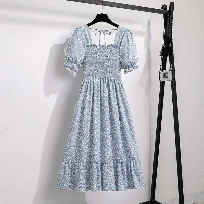 Spring Summer Chiffon Dresses Fashion Female Elastic Waist Short Sleeve Ple - gallery