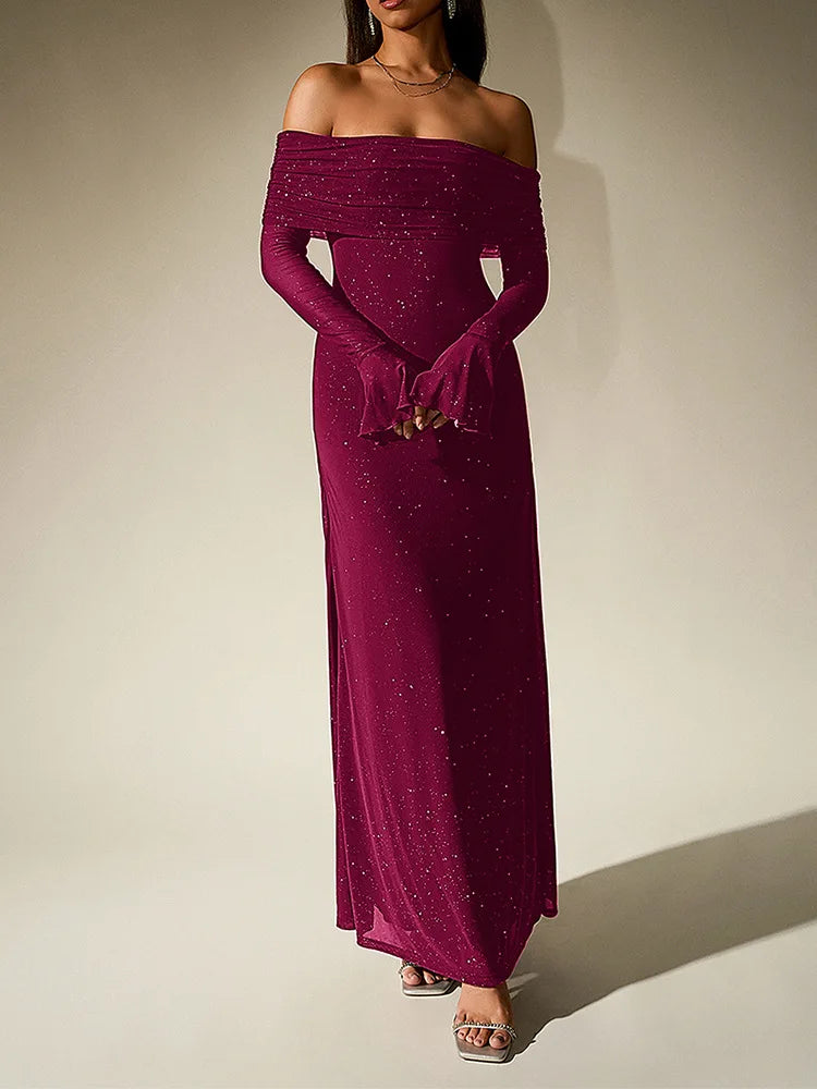 Aurevielle Off Shoulder Glitter Mesh Maxi Dress for Women