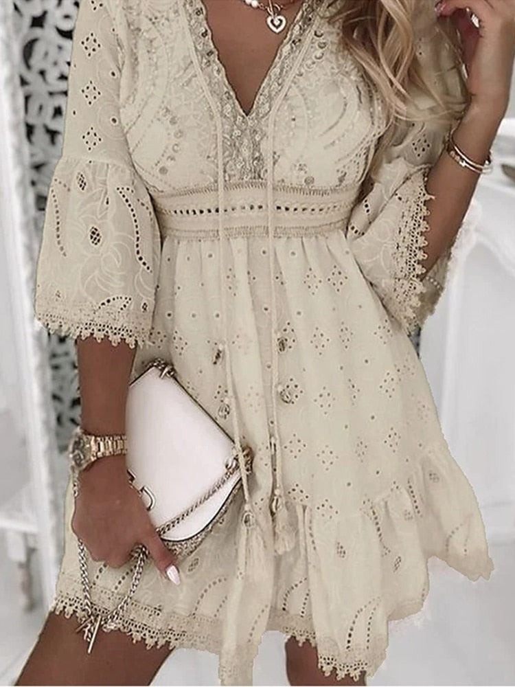 Fluid Boho Dress with Deep V-Neckline and Loose Fit