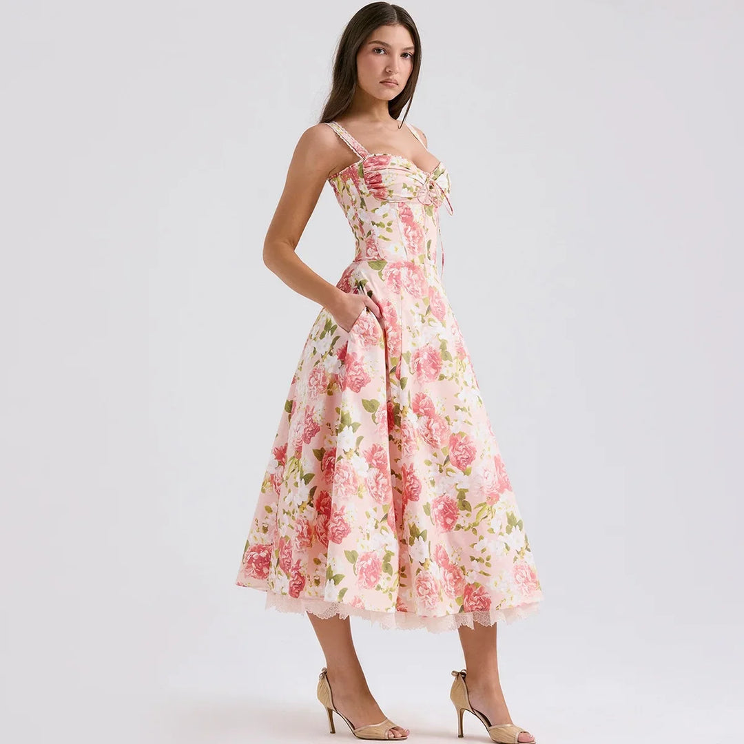 Roselisse Rose Print Corset Midi Dress with Wide Straps for Women - gallery