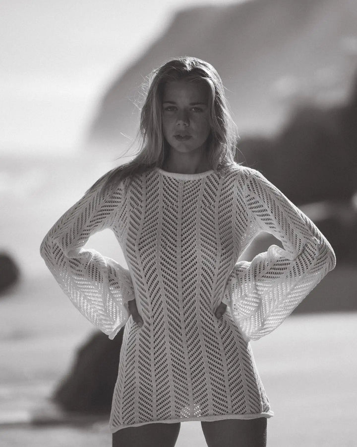 Zireya Backless Crochet Knit Mini Dress – Long Sleeve Sheer Swimwear Cov... — gallery