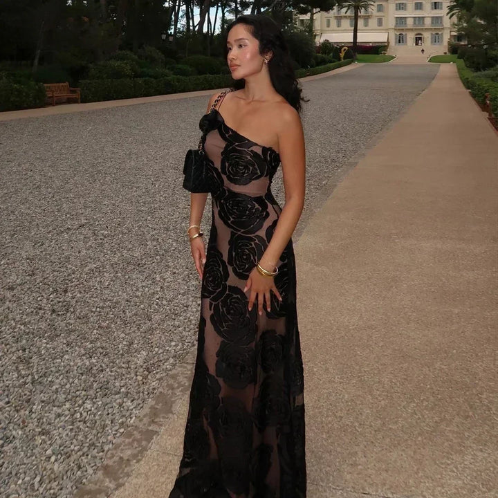 Roselisse One Shoulder Rose Appliqué Mesh Maxi Dress for Women - gallery
