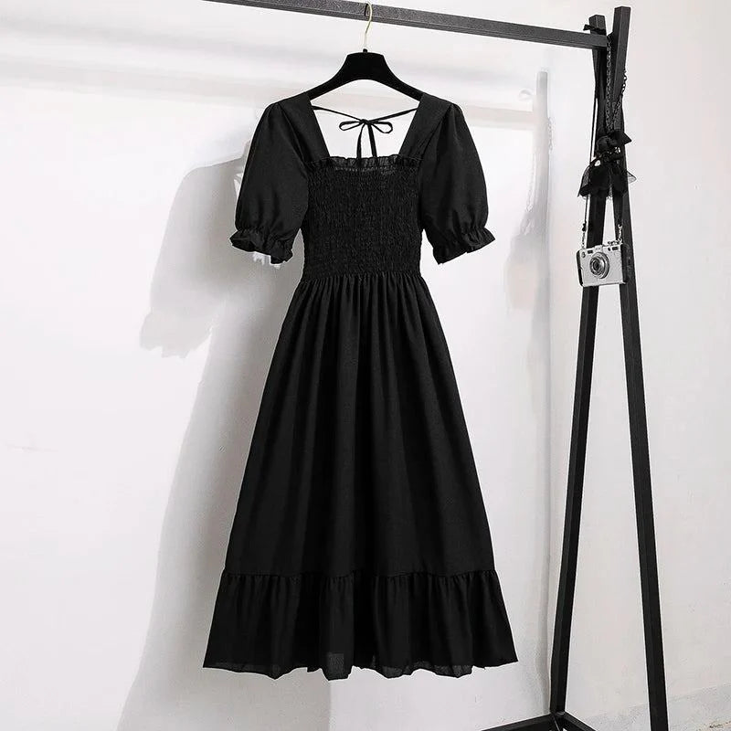 Spring Summer Chiffon Dresses Fashion Female Elastic Waist Short Sleeve Ple - Black