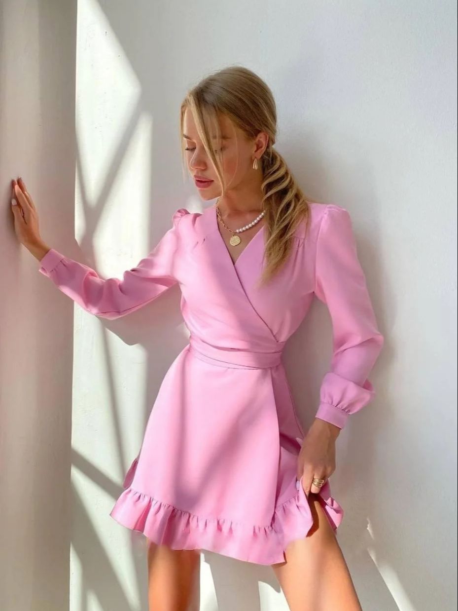 Long-Sleeve Mini Dress with V-Neckline for Women