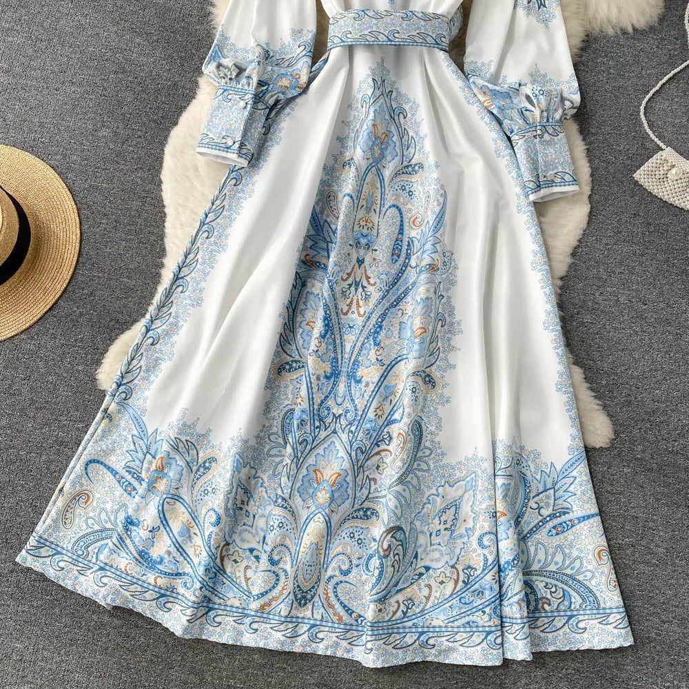Floral Print A-Line Dress with Folded Collar and Belt