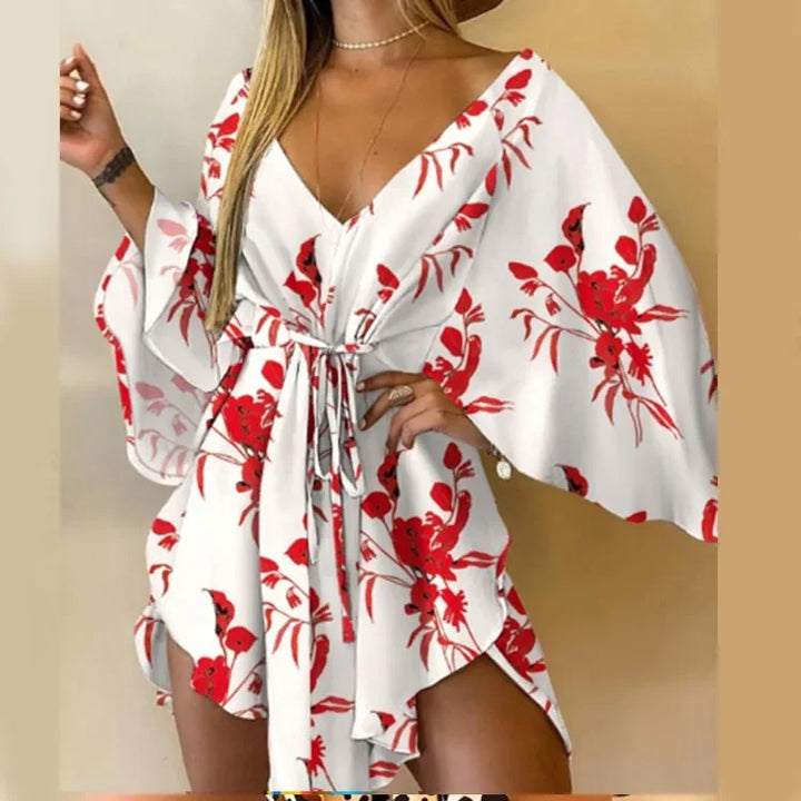 Print Dress Sexy V-Neck for Women - White
