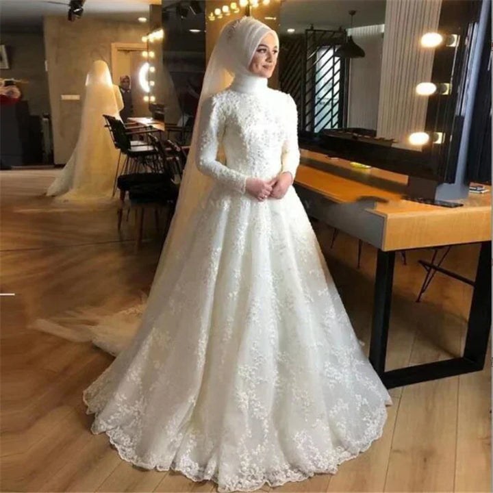 Modest Long Sleeve Wedding Gown with Embroidered Detail