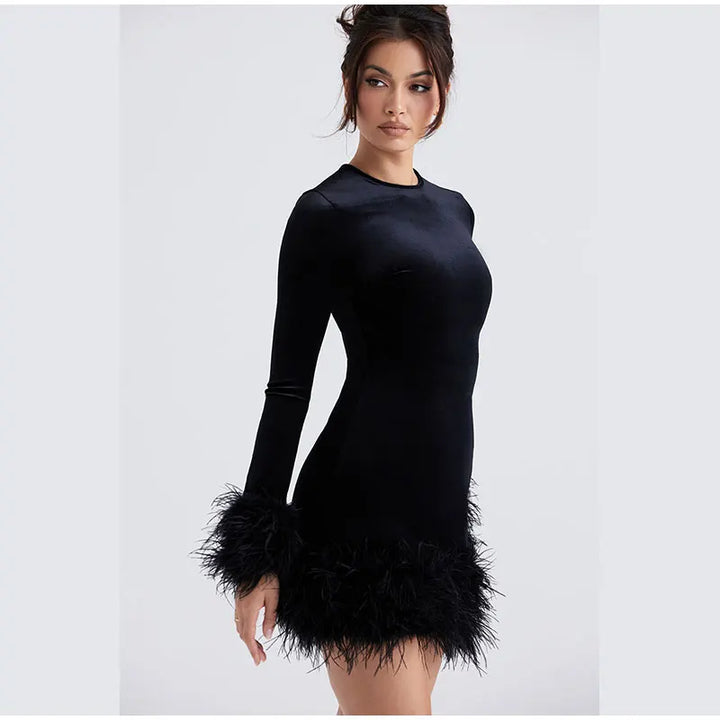 Feather-Trimmed Long-Sleeve Sheath Dress in Black