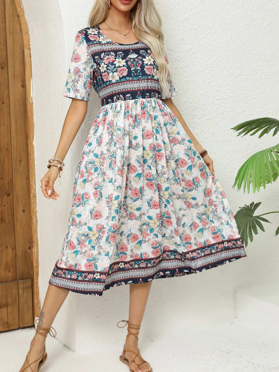 Round Neck Short Sleeve Bohemian Print Dress for Women - Sky Blue