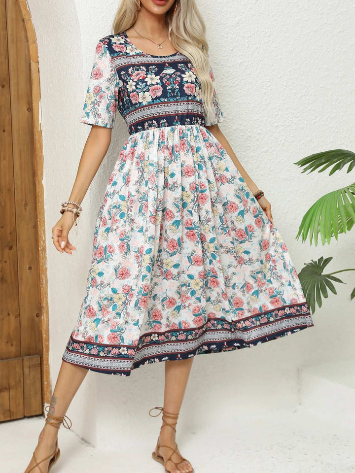 Round Neck Short Sleeve Bohemian Print Dress for Women - Sky Blue