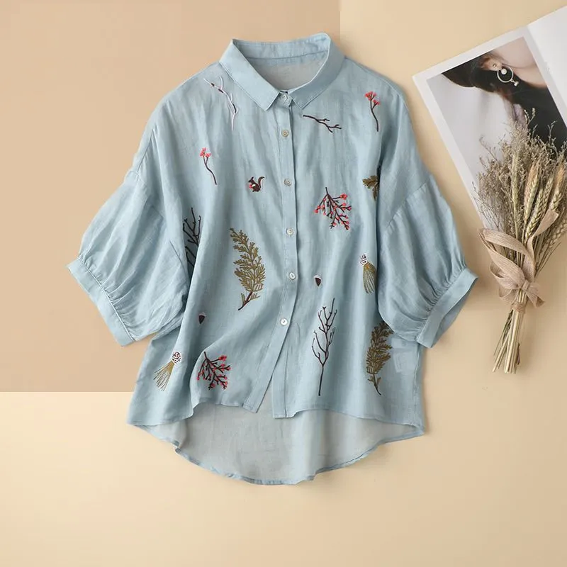 Summer Solid Collar Cotton Three Quarter Shirt Vintage Embroidered Loose Ca - Blue